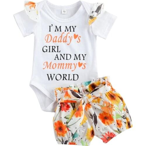 Baby Girls 2PCS Summer Outfits, Short Sleeve Letter Print Bodysuit + Floral Shorts Set