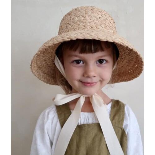 Richkeda Store New 2021 Hand-made Raffia Straw Hat For Kids Retro Flat Top Fold Down Brim Childrens Straw Hat Boys Girls Travel