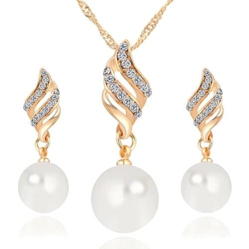 Fashion pearl &full zircon diamonds drop earrings pendant necklaces jewelry set for women gold color party bijoux accessory gift