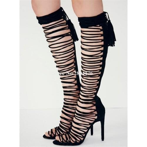 Western Fashion Style Women Open Toe Suede Leather Stiletto Heel Knee High Gladiator Boots Strap Cross Long High Heel Boots