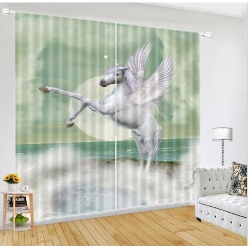 2018 New Arrive 3D Windows Curtains Luxury Blackout Living Room office bedroom Seashore flying horse Cortina Drapes pillowcase