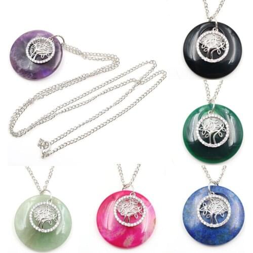 YJXP Rhinestone Inlaid Donut Shape Pendant Necklaces Natural Stones Hollow Birthstone Women Men Tree of Life Jewelry Making 1 Pc