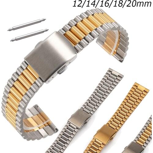 Watch Band 12mm 14mm 16mm 18mm 20mm Stainless steel watch Strap Slim Link 3Rows Replacement Watch Belt Bracelet WristBand w Pins