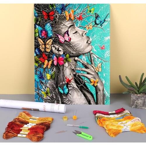 Animal Butterfly Flower Printed Fabric 11CT Cross Stitch Kit DIY Embroidery DMC Threads Hobby Painting Craft Counted