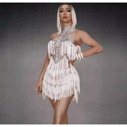 Sexy White Fringes Dress Stretch Sleeveless Outfit stage Sexy Skinny Costume Birthday prom show One-piece Dress
