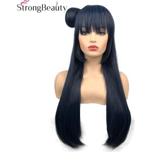 Strong Beauty Synthetic Long 70cm Bluish Grey Wigs Straight Women Wig with Hair Chignon Tsushima Yoshiko