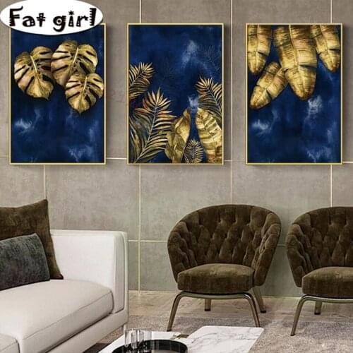Triptych 5D Diy Diamond Painting Golden Leaves Abstract Landscape Square Round Drill Mosaic Cross Stitch Embroidery Decor Poster