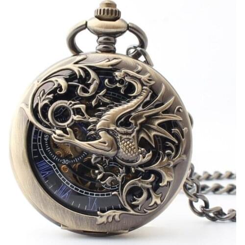 Vintage Hollow Flying Dragon Roman Dial Steampunk Pocket Watch Mechanical Hand Wind Skeleton Men Women Gift With Chain