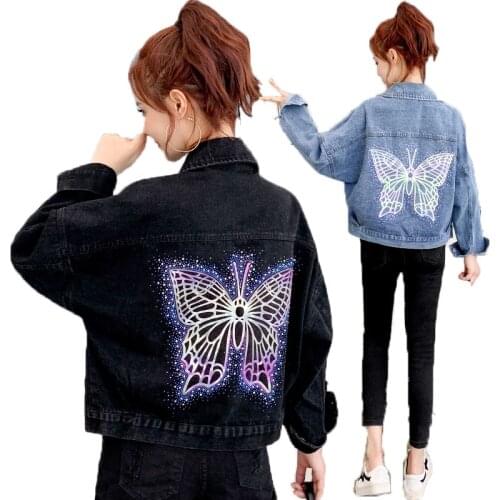 Butterfly Pattern Blue Jean Jacket Coat Women Korean Loose Lapel Batwing Sleeve Black Jacket Spring