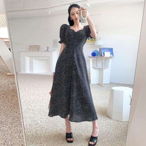 Fashion Summer Korean Retro Streetwear Long Dress Ladies Boho Casual V-Neck Short Sleeve Dot Print Robe Chiffon Vacation Dress