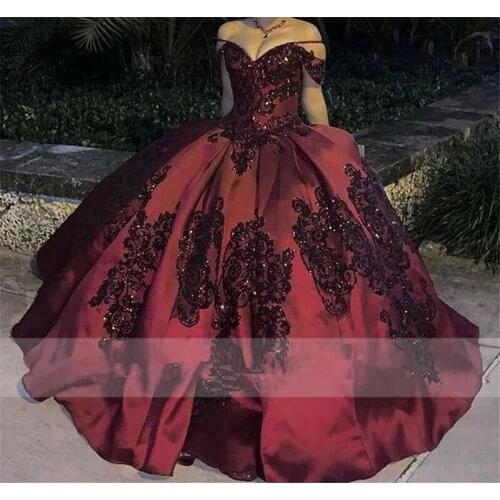 2021 Dark Red Quinceanera Dresses Sequins Applique Off the Shoulder Sweet 16 Dress vestido de 15 anos Plus Size Formal Prom Gown