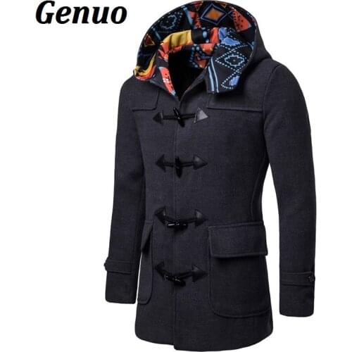 Winter High Quality Mens Woolen Horn Button Coats Fashion Color Block Wool Coat Overcoat Men Windbreaker Jacket Peacoat for Man