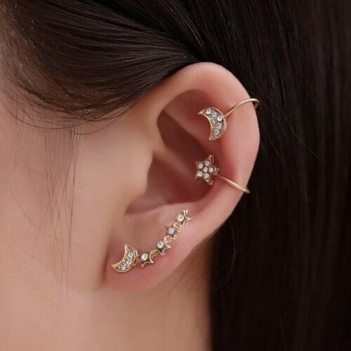 Starry Bling White Rhinestone Stars Moon Golden Alloy Ear Cuff Clip Earrings for Women 3pcs/set
