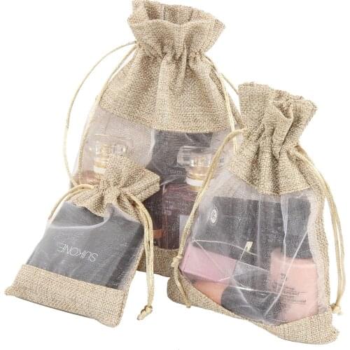 100pcs Packaging bags for visible linen cosmetics,small storage bags for jewelry and gifts,imitation linen drawstring bag