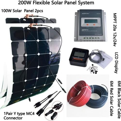 2pcs 100w flexible solar panel; 20A mppt solar charge controller; Y branch connector; 6M solar cable with connector