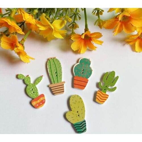 50Pcs 2 Holes Wood Buttons Plant cactus Mixed Decoration Clothing Sewing Accessories para artesanato