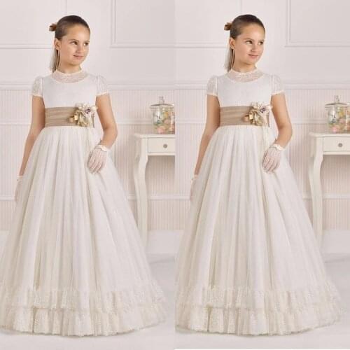 Elegant Vintage Flower Girl Dresses with Sash A Line Satin Lace Top Girl First Communion Dress Kids Clothes
