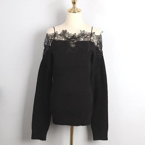 Lace Stitching Hollow Sweater 2021 Spring and Summer Fashion Top One-Shoulder Sweater Loose Pullover Long-Sleeved Top