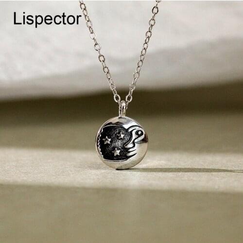 Lispector 925 Sterling Silver Retro Boho Star Moon Face Pendant Necklaces for Women Funny Vintage Chic Necklace Female Jewelry