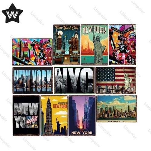 New York Metal Tin Sign Vintage Metal Poster United States Tin Plaque Wall Sticker Retro City Landmark Metal Sign for Club Decor