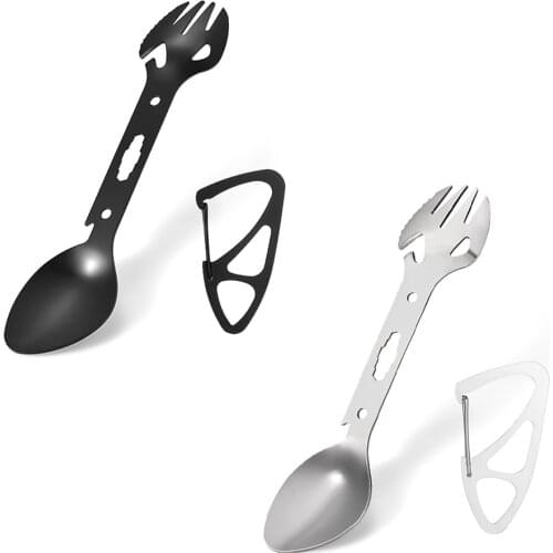6 In 1 Multi-Functional Fork Spoon Wrench Stainless Steel Camping Survival Kit Practical Fork Knife Spoon Bottle Can Opener