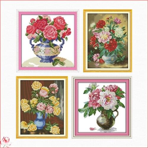 The Peony Vase Flower Plant Pattern Counted Cross Stitch Kit 14CT 11CT Chinese Embroidery Kit DIY Needlework Set Home decoration