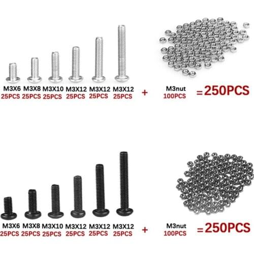 250Pcs M3*6/8/10/12/16/20 Button Head Screws Sets Hex Socket Bolt With Hex Nuts Assortment Kit