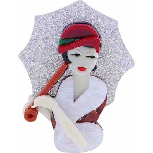 New Creative Elegant Lady Holding Umbrella Brooch Pins For Women Personality Acrylic Brooch Lapel Badges Bag Decorations Jewelry