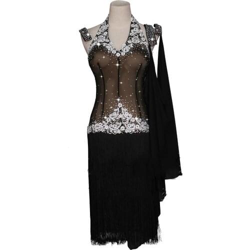 New Latin Tassels Skirt Black Slim lace embroidered diamond dress elegant performance clothes #LD0044