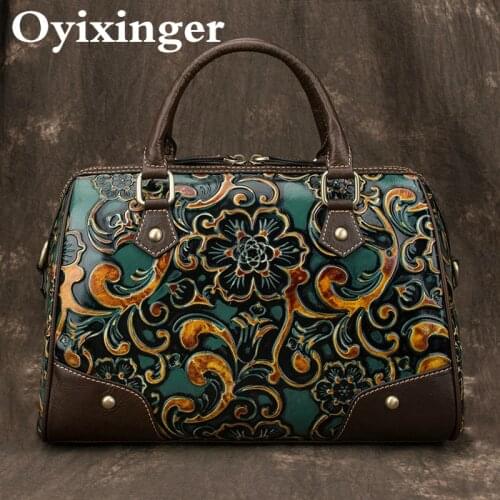 OYIXINGER Retro Women Bag Genuine Leather Shoulder Bags For Women Handmade Embossed Crossbody Bag Vintage Top-handle Bag Ladies