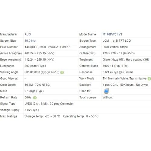 AUO LCD Display Panel M190PW01 V1 M190PW01 V.1 M190PW01 V2 M190PW01 V.2 M190PW01 V3 M190PW01 V.3 a-Si TFT-LCD