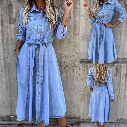 Denim Dress for Women Pockets Single-Breasted High Waist Loose Dress Lapel Belt Long Sleeve Midi Dress Streetwear for Summer