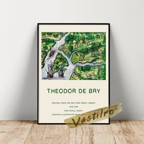 Theodor De Bry Retro Poster, Port Royal South Carolina Illustration, Grand Voyages Scenery Oil Painting, Living Room Wall Decor