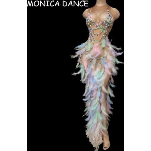 Sexy Stage Multi-color Rhinestone Pearl Sequin Feather Slit Feather Dress Prom Birthday Celebrate Dress Women Dancer Show Dress