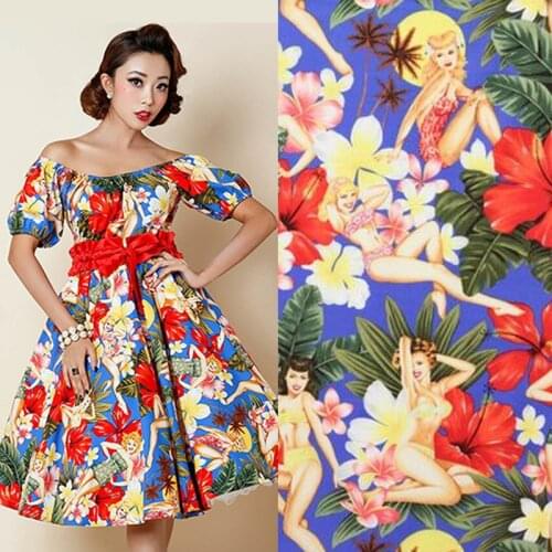 Vintage Flower Girl Printed Cotton Stretch Poplin Fabric Parent-child Clothing Childrens DIY Fabrics Cloth for Dress for Sewing