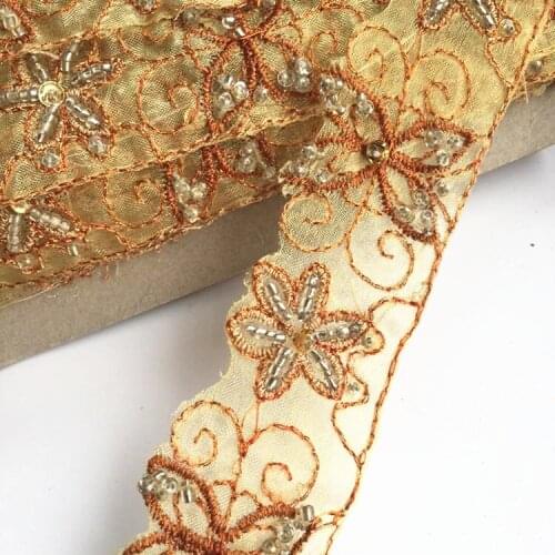 Yellow Crystal Rhinestone Wedding dress accessories Pearl Beaded Lace Trim fabric applique patches Sew on 3*200cm