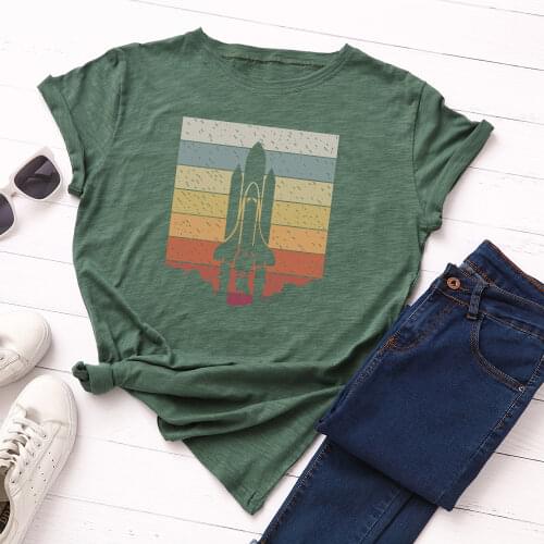 Women Short Sleeve Cotton T-Shirts Graphic Tees Summer Tee Tops for Female Loose Casual Clothes Spacecraft Rocket Launch Space