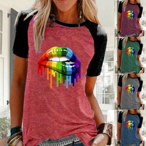 Women Fashion Multicolor Lips Printed O-Neck Short Sleeve Casual Summer T Shirts Tops for Girl