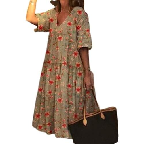 Boho Women Dresses V Neck Half Sleeve Floral Print Large Hem Beach Party Midi Dress Womens Clothing 2021