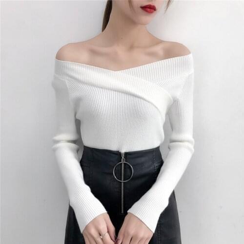2020 New Spring Autumn Knit Sweaters Women Fashion Elastic Sexy Long Sleeve Lady Off Shoulder Knitted Blouse Knitwear Pullover