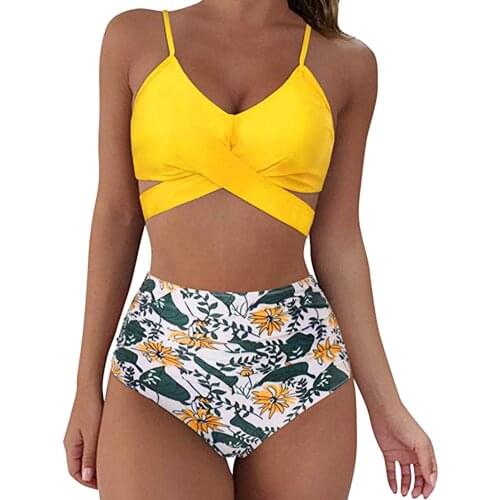 Female Two-Piece Printed Bathing Suit Solid Color Spaghetti Strap Bikini Tops+ Leopard Print Bikini Panties Yellow/Black/Blue