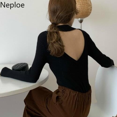 Neploe Korean O Neck Slim Fit Heart Hollow Out Knitted Sweater Sexy Open Back Black Long Sleeve Pull Femme Pullover Autumn 46917
