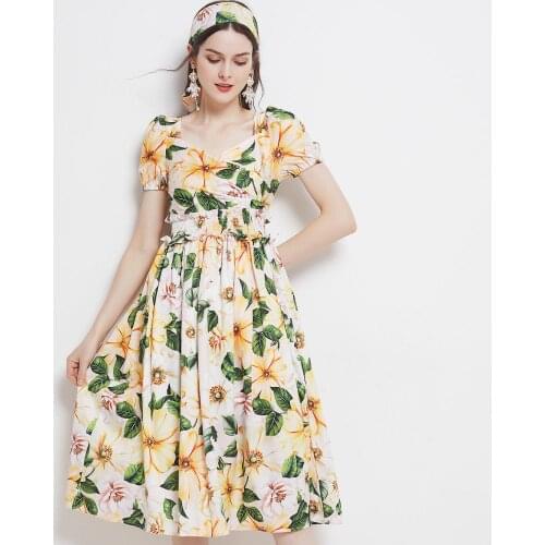 Summer Runway Dress Vintage Elegant Floral Printing V Neck Elastic Waist Street Chic Casual Women Midi Dress k363