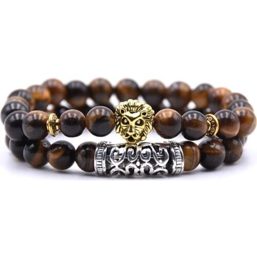 2Pcs/Set Of Natural Stone Beads Classic Buddha Lion Head Strap Lava Tiger Eye Bracelet Set Men And Women Gifts