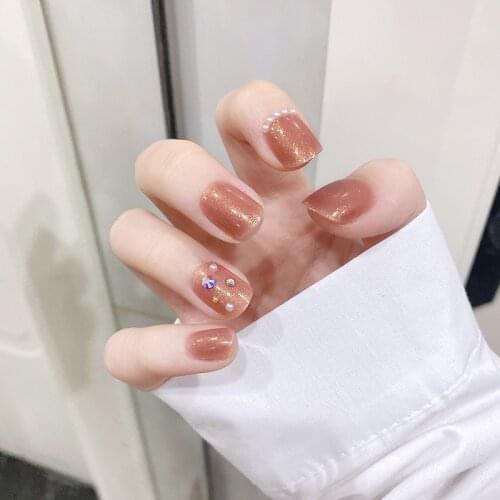 24pcs Milks Tea Color Diamond Wear Long Paragraph Fashion Manicure Patch False Nails Save Time Wearable Jelly Nail Patch NE