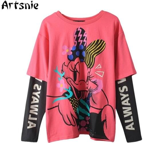 Artsnie Spring 2021 Disney Cartoon Print Sweatshirt Women O Neck Long Sleeve Oversized Hoodies Streetwear Casual Pink Sweatshirt