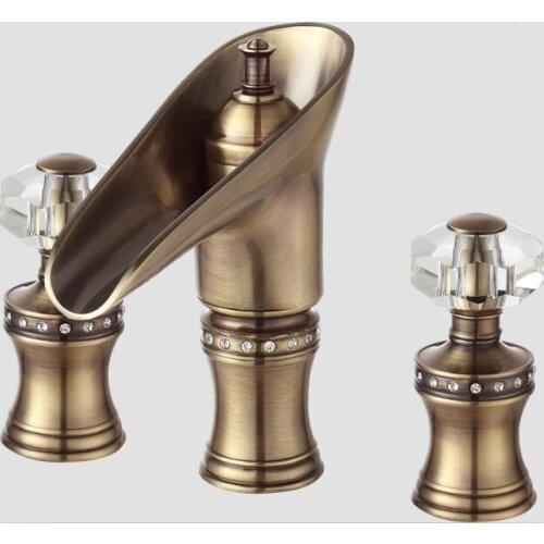 Free shipping Antique brass 8" WIDESPREAD LAVATORY BATHROOM SINK FAUCET Crystal handles knobs Mixer faucet