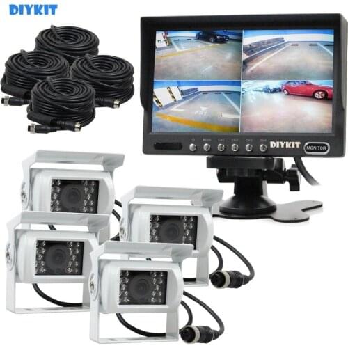 DIYKIT 7" 4 Split QUAD Backup Rear View Car Monitor +Waterproof IR Night Vision Reversing Rear View Camera White for Truck Bus
