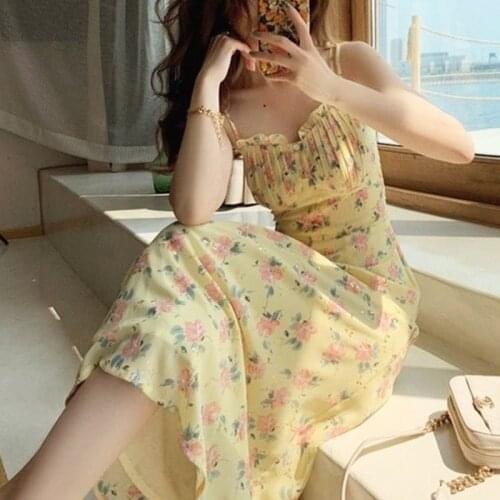 Sleeveless Elegant Strap Dress Women Square Collar Vingate Floral Midi Dress Beach One Piece Dress Korea Office Lady 2021 Summer