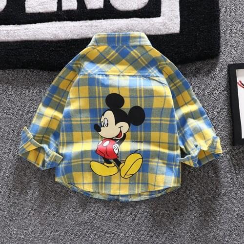 Baby Boys Girls Cartoon Mickey Mouse Long Sleeves T-shirt Clothes Infant Kids Cotton Plaid Shirt Tops Children Tee Clothing